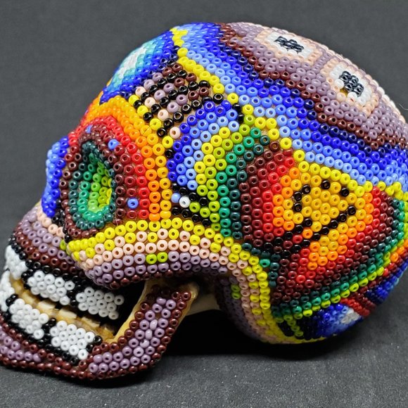 Huichol Beaded Skull on carved fish bone ~ Handcrafted by indigenous artist - Picture 5 of 11